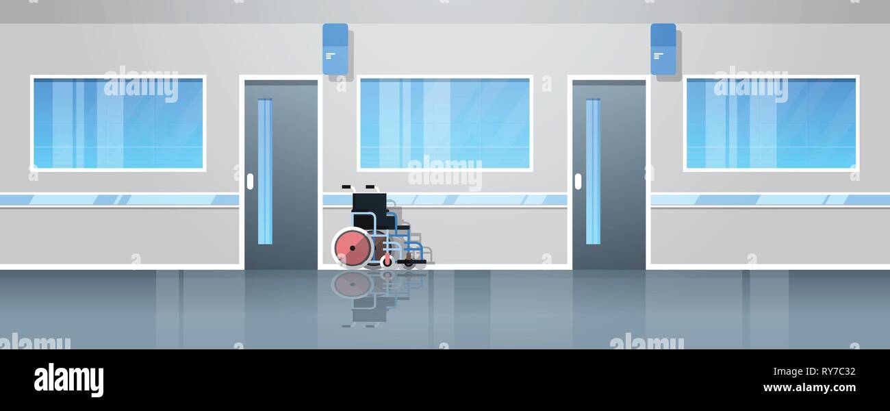 hospital corridor hall with wheelchair medical equipment empty no people clinic interior flat horizontal banner Stock Vector