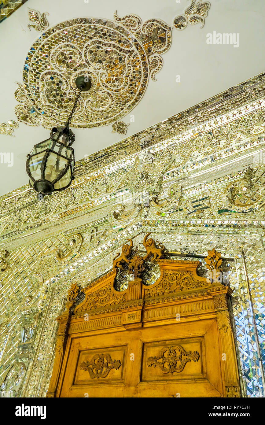 Tehran Golestan Palace Talare Brelian Brilliant Hall with Mirrors Ceiling and Chandeliers Stock