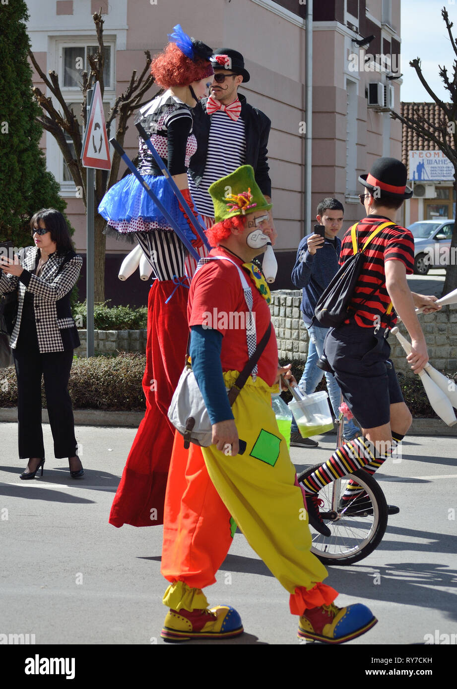 Disguised entertainer walking during carnival, Svilajnac, Serbia, Europe Stock Photo