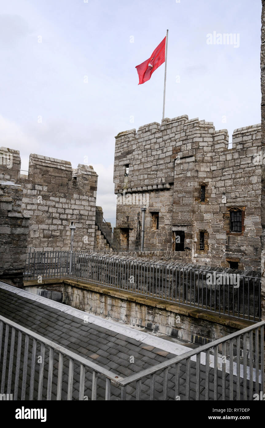The Isle of Man flag at Castle Rushen in the centre of Castletown on the south coast of the Isle of Man, Britain   The Isle of Man with its capital ci Stock Photo