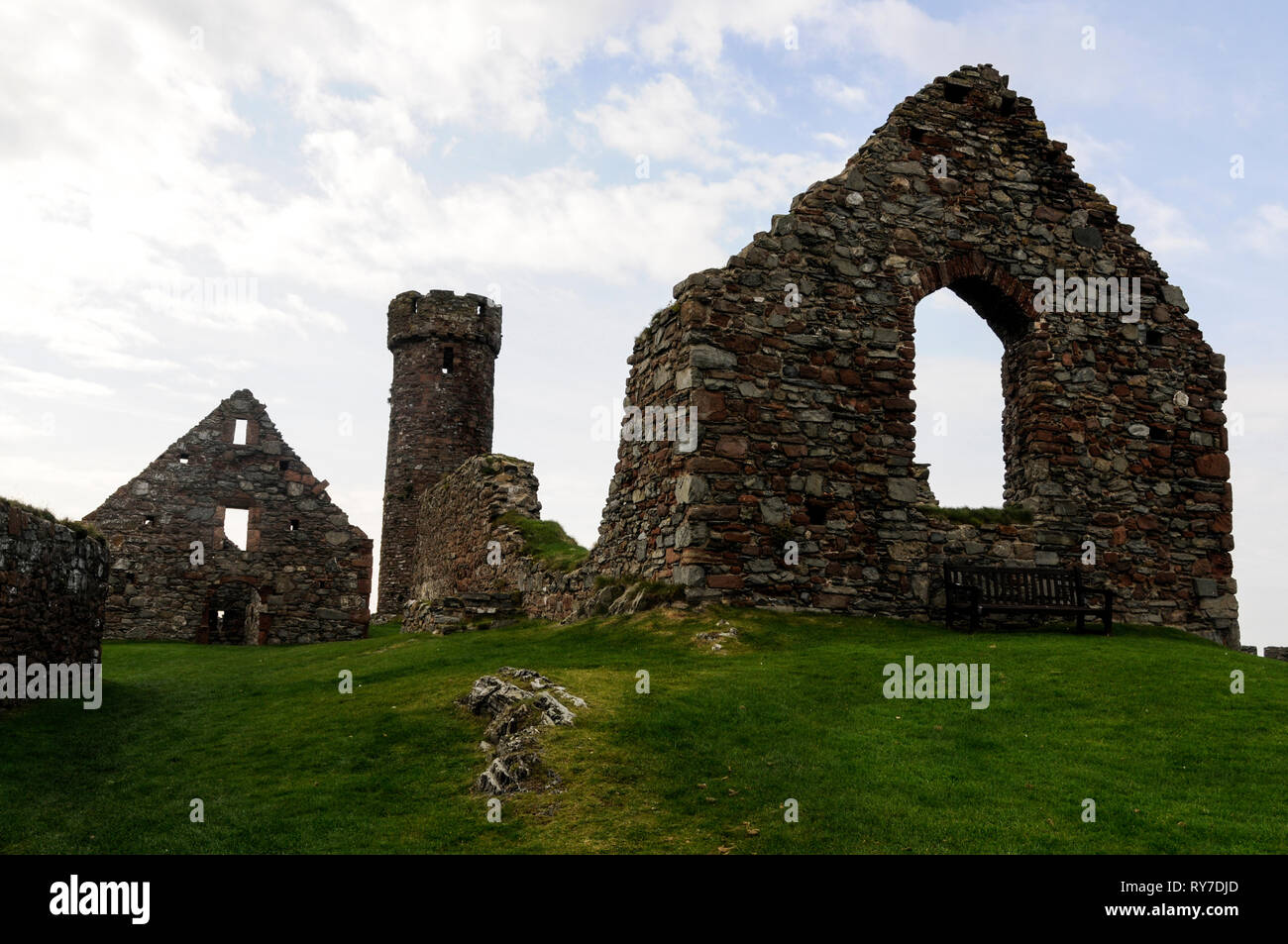 The ruins of St. German Cathedral within Peel castle on St Patrick's Isle connected by a causeway in Peel on the west coast of the Isle of Man, Britai Stock Photo