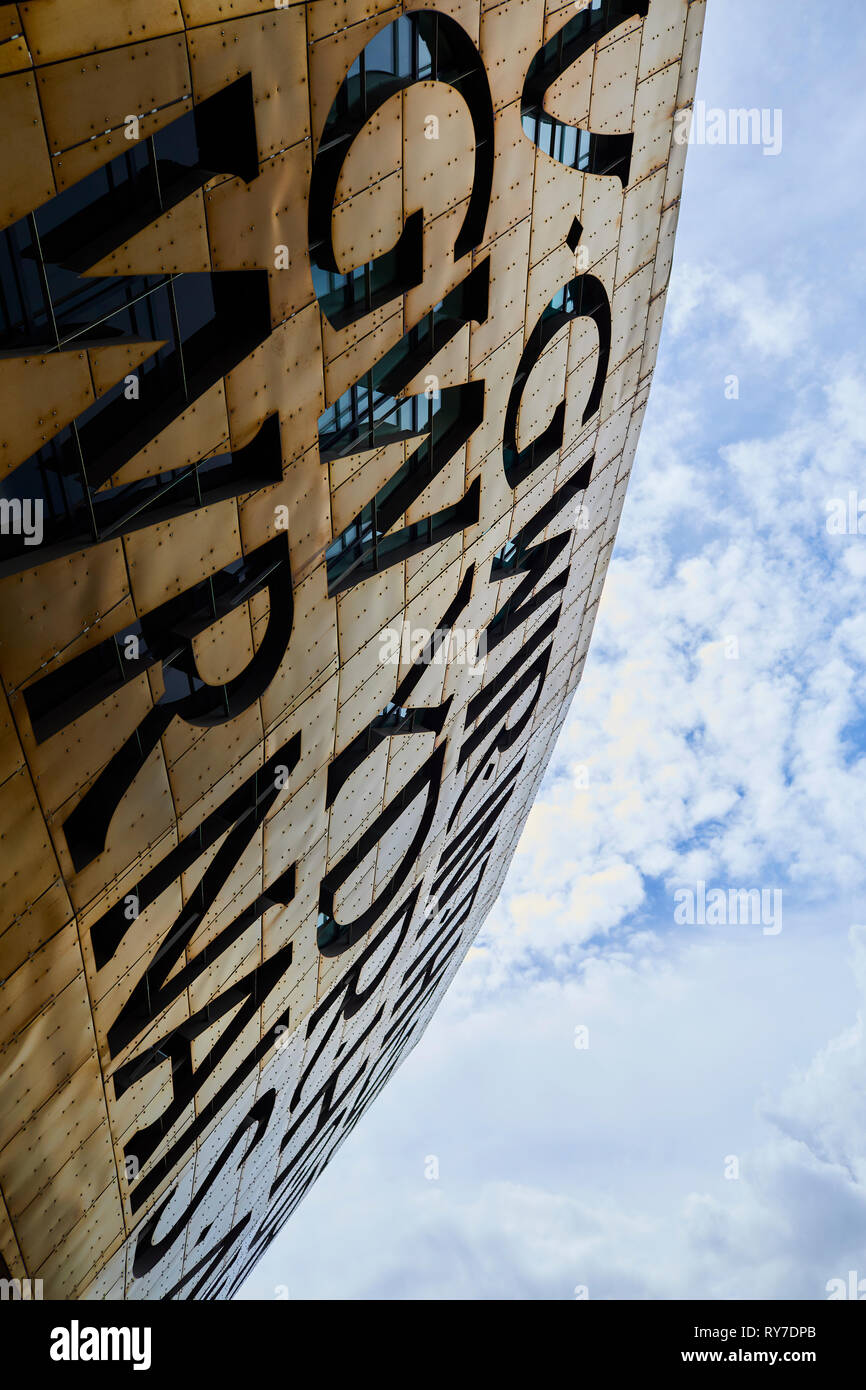 Inscription on the exterior of Wales Millennium Centre, Cardiff Bay, Wales. Stock Photo