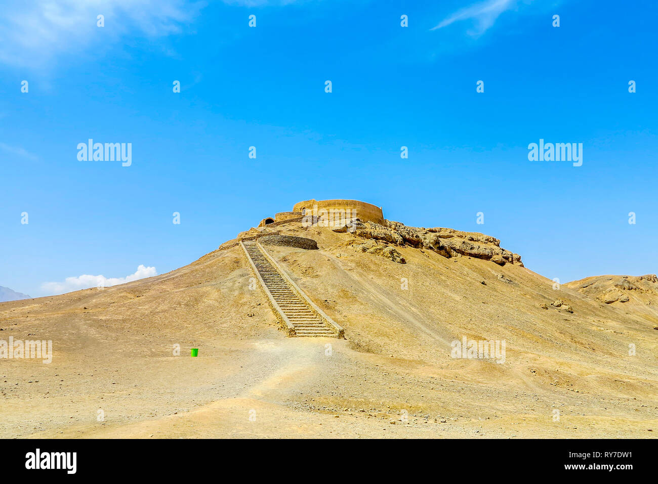 Yazd Zoroastrian Dakhmeh Tower of Silence Circular Walls on Top of Hill Stock Photo