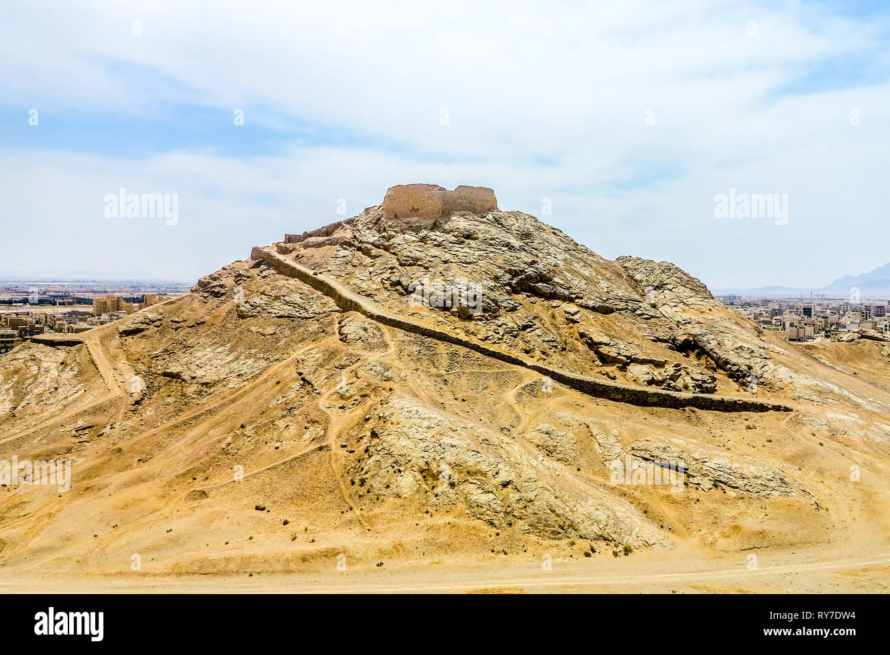 Yazd Zoroastrian Dakhmeh Tower of Silence Circular Walls on Top of Hill Stock Photo