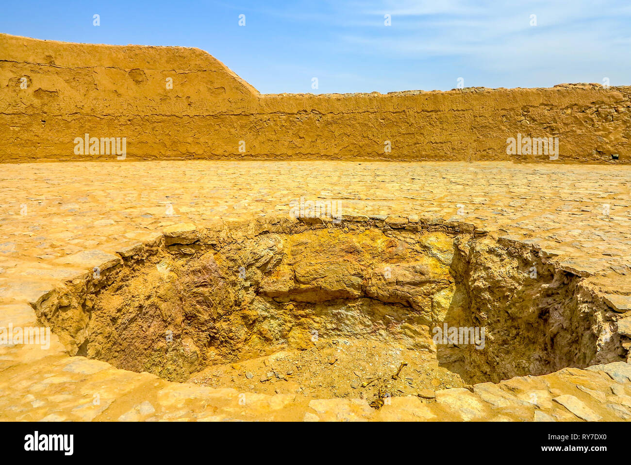Yazd Zoroastrian Dakhmeh Tower of Silence Circular Walls on Top of Hill Interior Pit with Bones Stock Photo