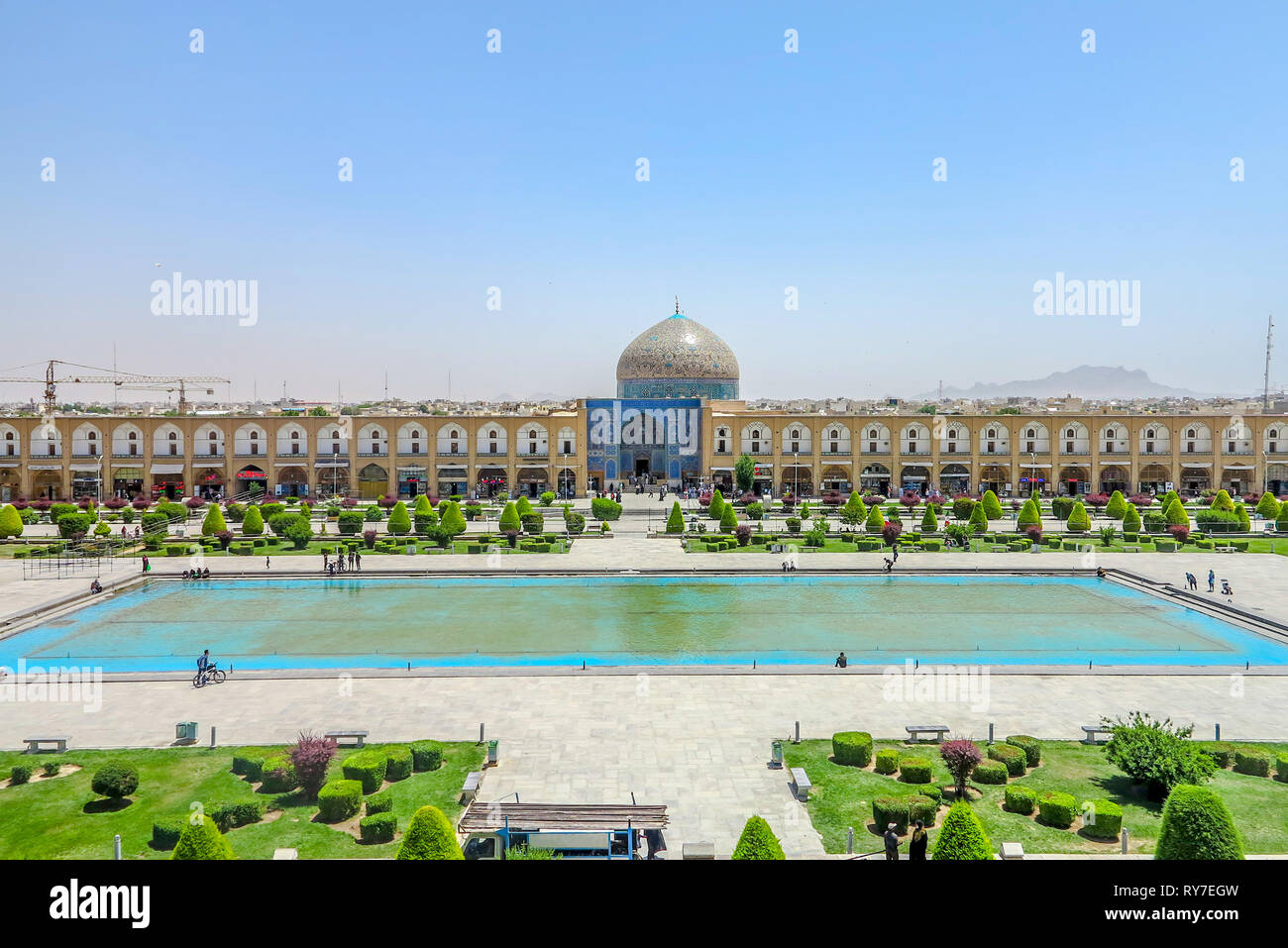 Isfahan Sheikh Lotfollah Mosque Pond and Naqsh-e Jahan Square View from Ali Qapu Royal Palace Stock Photo