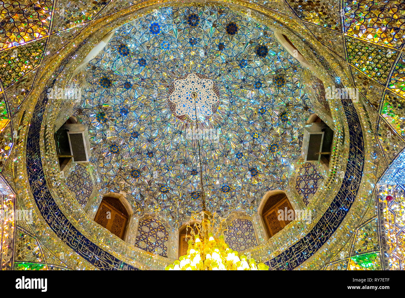 Shiraz Sayyed Alaeddin Hossein Mosque Mirror Mosaics Ceiling with Arabian Letters Stock Photo