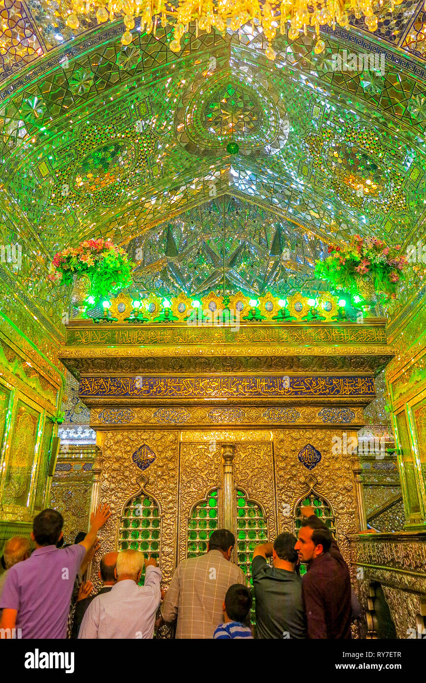 Shiraz Sayyed Alaeddin Hossein Mosque Green Color Illuminated Lights Tomb Mausoleum Shrine and Mirror Mosaics Stock Photo