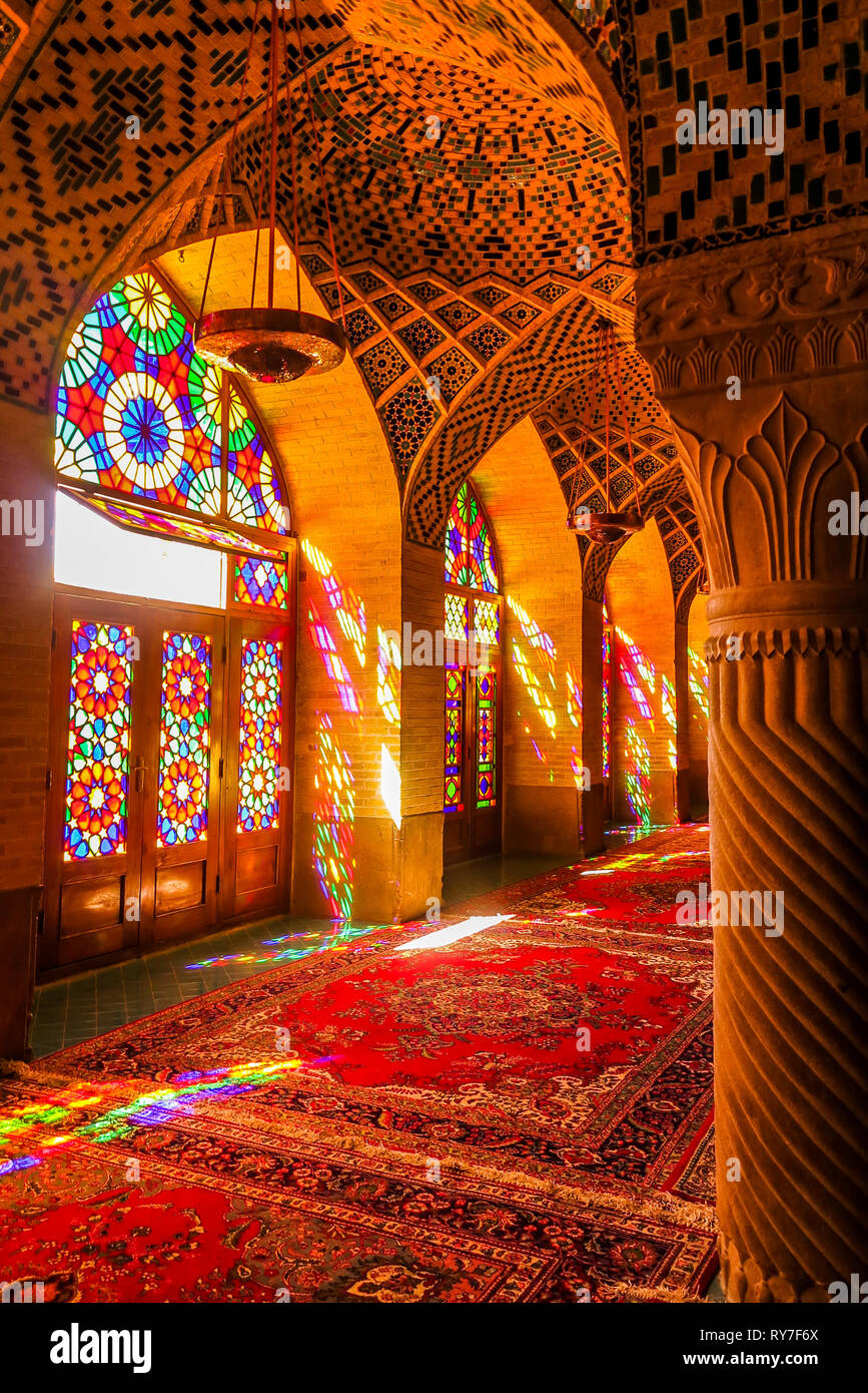 Shiraz Nasir AlMulk Pink Mosque Prayer Hall with Famous Colorful Arched Bow Windows and Pillars