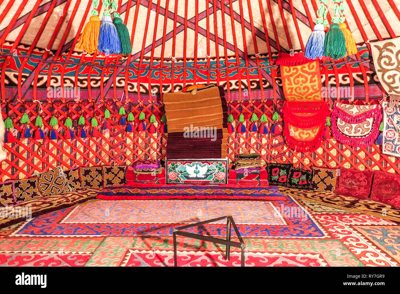 Cholpon Ata Rukh Ordo Cultural Center Traditional Kyrgyz Yurt Interior with Felt Carpet Ornament Stock Photo