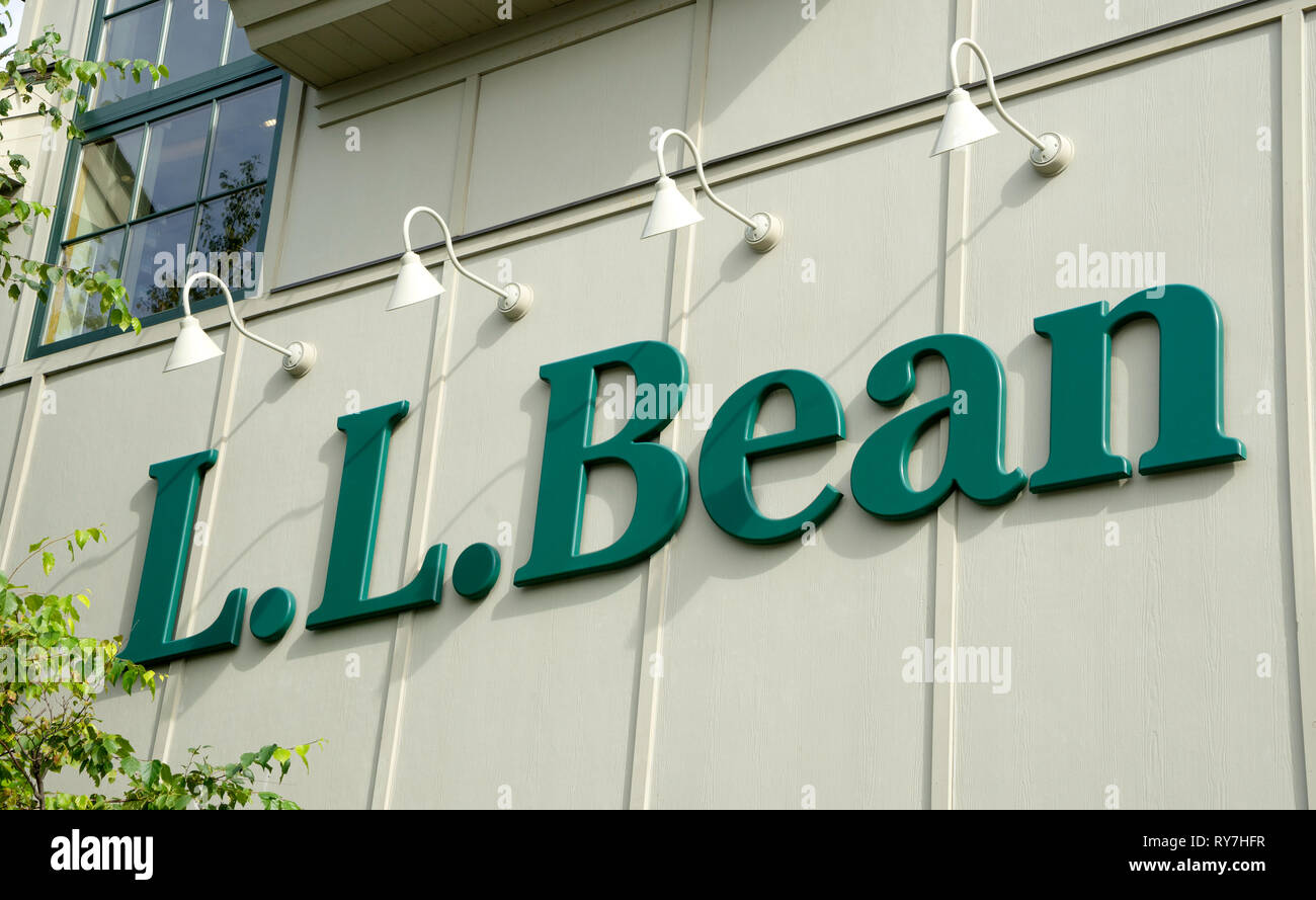 Sign for L.L. Bean on the exterior wall of the flagship store in Freeport, Maine, USA. Stock Photo