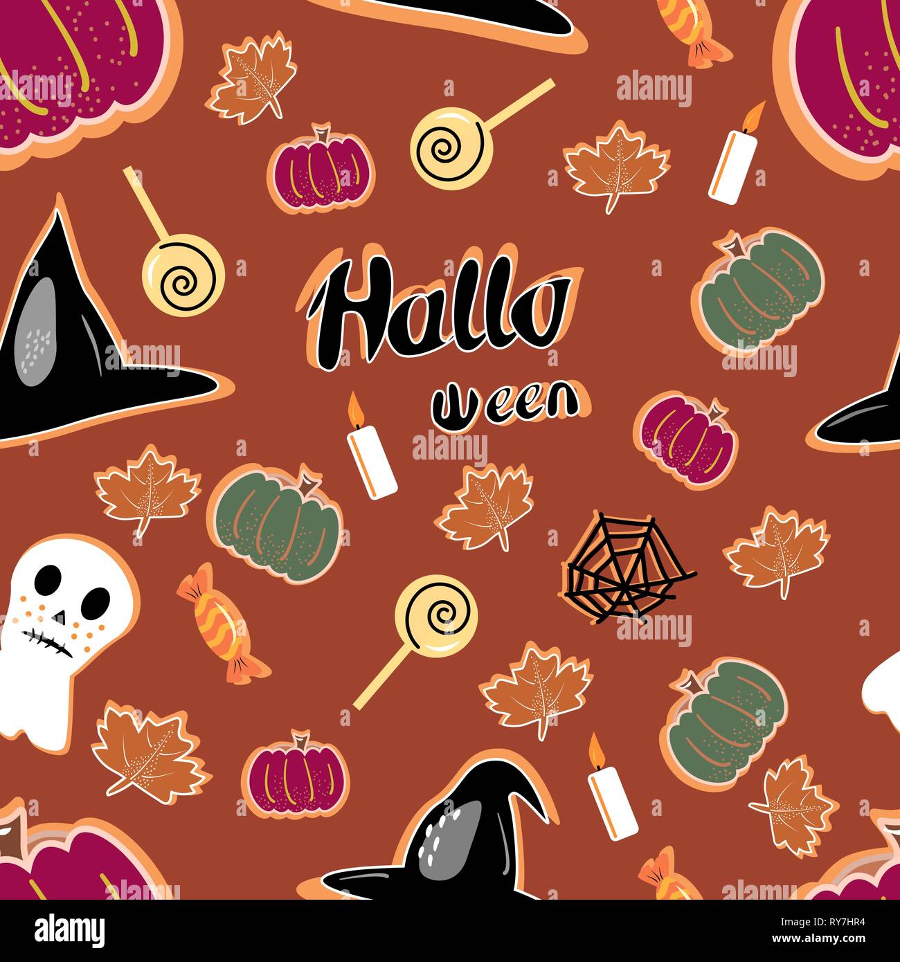 halloween seamless pattern background with pumpkin, bat, lollipop, ghost. Hand drawing elements Stock Vector