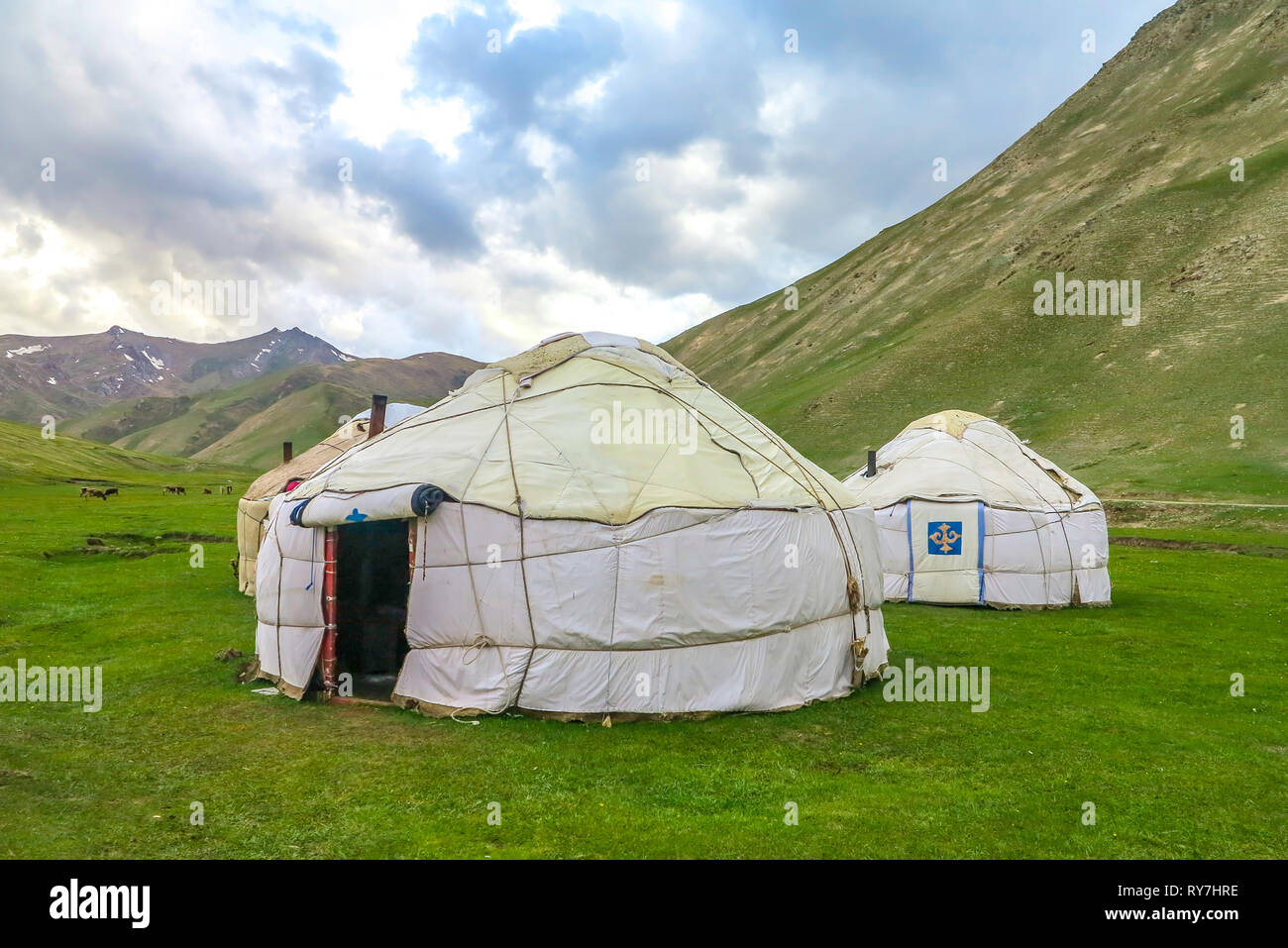 Tash Rabat Caravanserai Traditional White Colored Kyrgyz Yurt Camp with Ornament and Landscape Stock Photo
