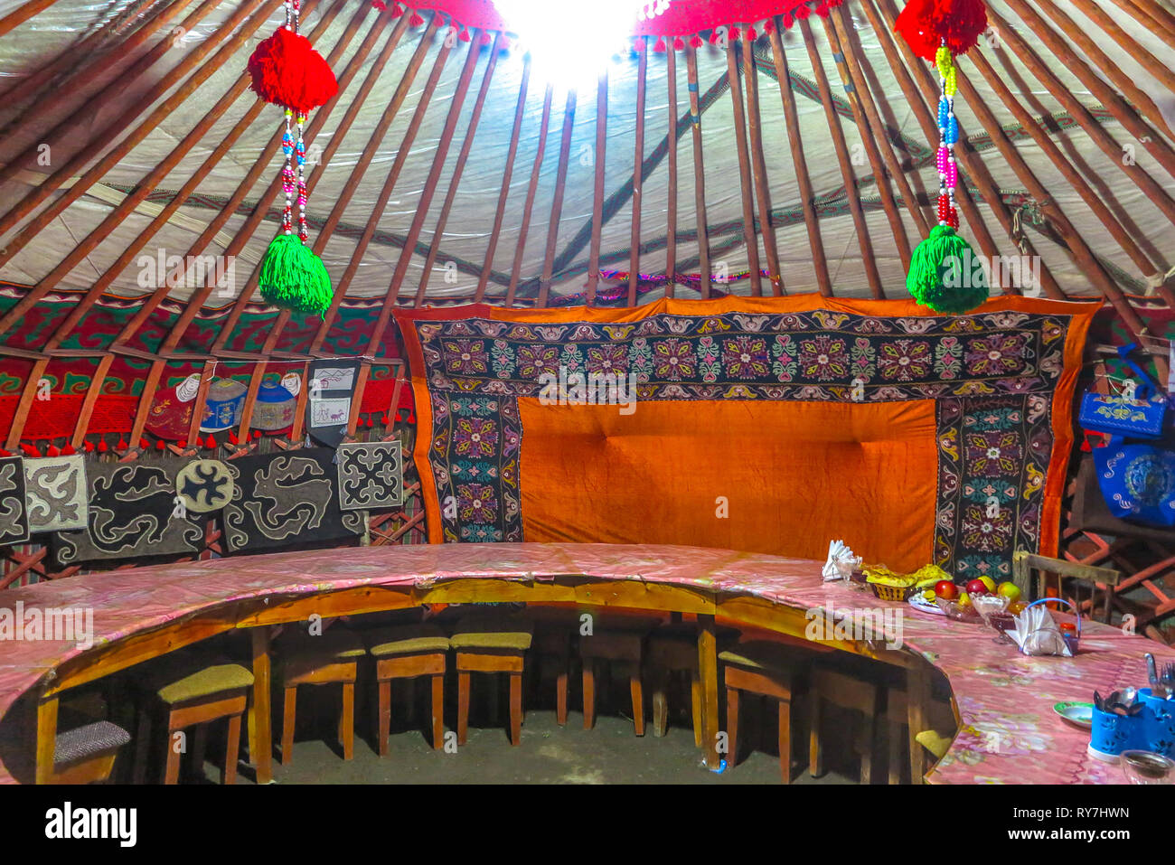 Tash Rabat Caravanserai Traditional Kyrgyz Yurt Interior Guest Room with Felt Carpet Ornament Stock Photo