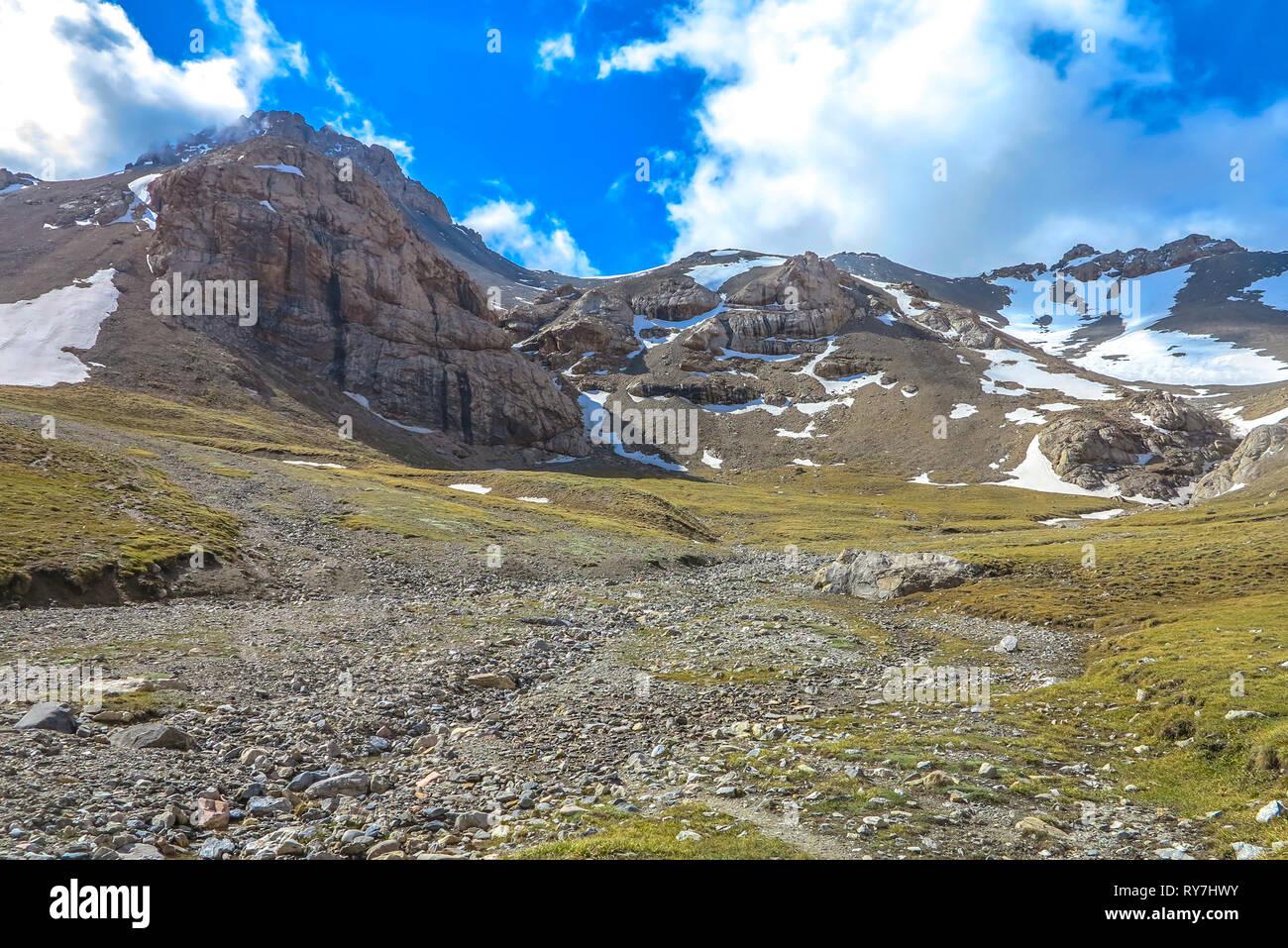 Tash Rabat Caravanserai Landscape with Snow Capped At Bashy Too Mountain Range Stock Photo