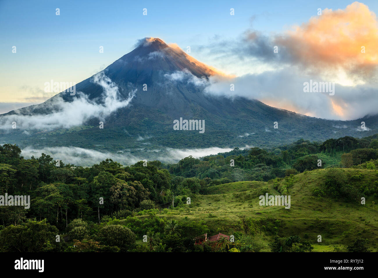 Scenic view of Arenal Volcano in central Costa Rica at sunrise Stock Photo