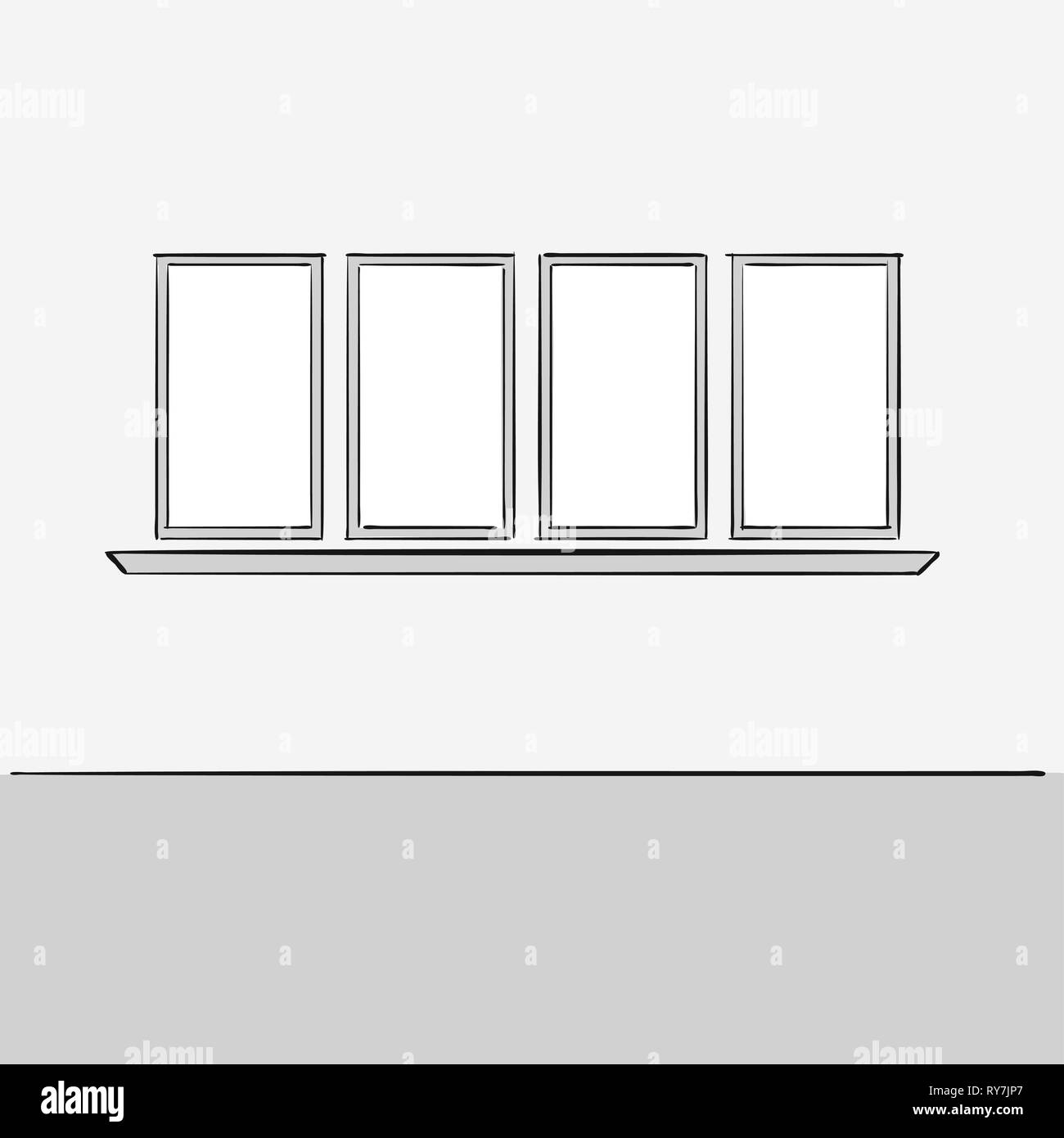 Empty office wall with windows. Hand drawn vector illustration. Series of sketched business backgrounds. Stock Vector
