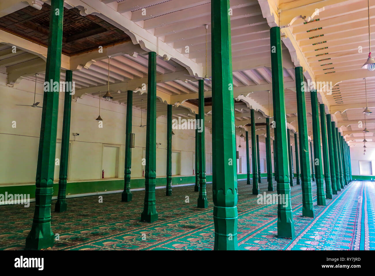 Kashgar Id Kah Mosque Green Colored Columns with Carpets for Outdoor Prayers Stock Photo