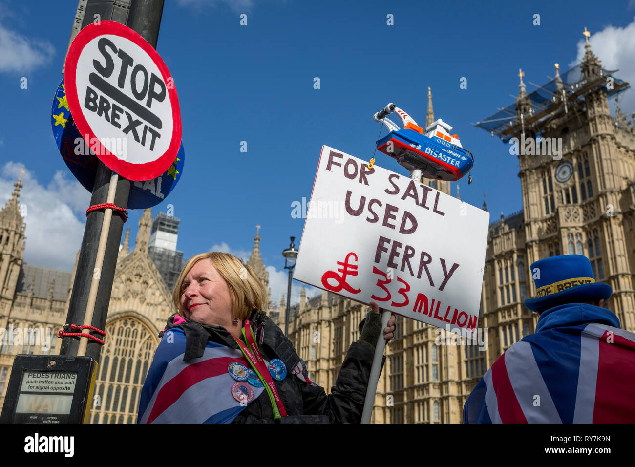 Protestors demonstrate their distaste for the UK government's handling of Brexit negotiations - and specifically, the failed business deal to contract the Seabourne Ferry contract from Ramsgate - during a pro-EU brexit protest opposite Parliament, on 11th March 2019, in Westminster, London, England. Stock Photo