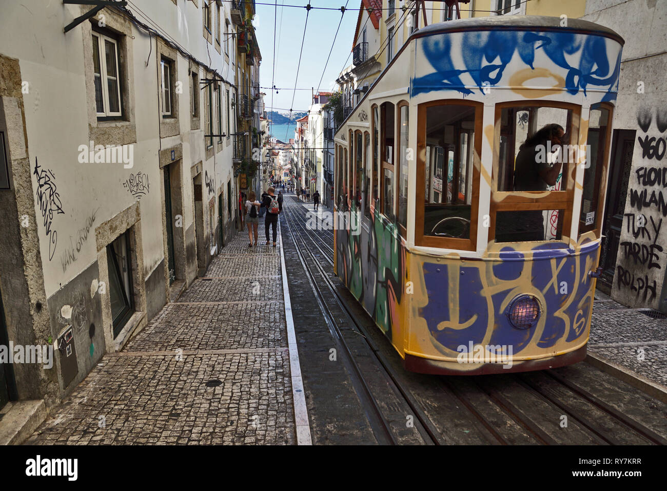 old colorful tram in Lisbon Stock Photo