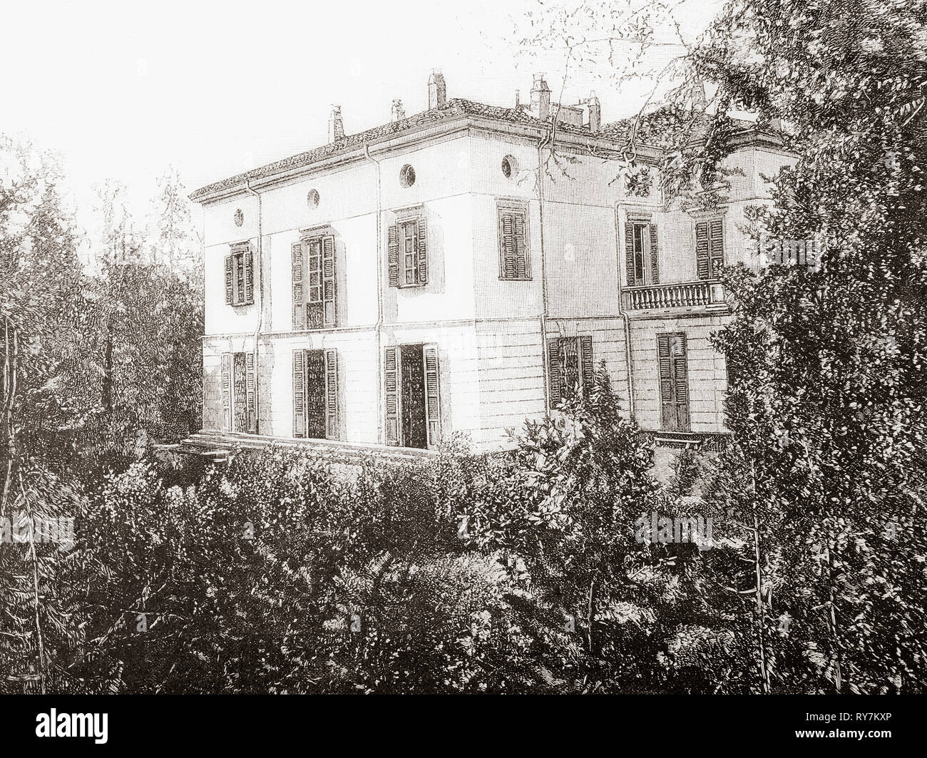 Giuseppe Verdi's residence.  Villa Verdi, Sant'Agata, Villanova sull'Arda, Piacenza, Italy.  From Ilustracion Artistica, published 1887. Stock Photo