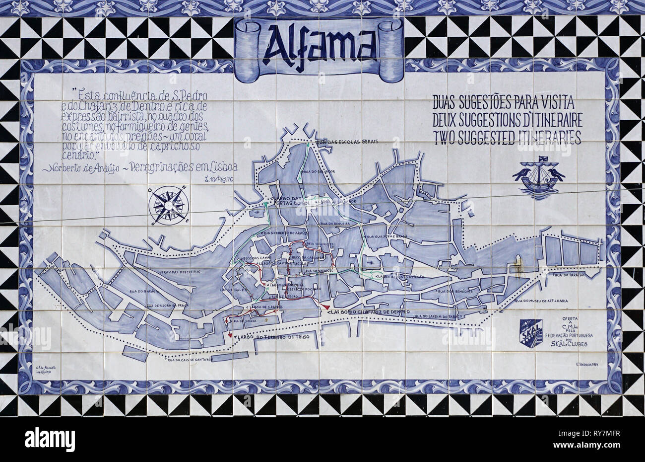 Roadmap of Alfama from tiles in Lisbon, Portugal Stock Photo