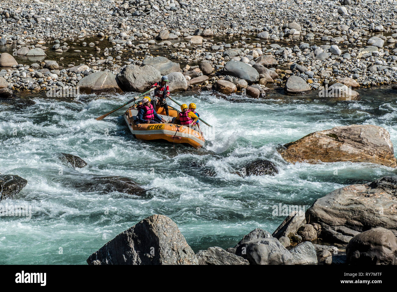 INDIA, KULLU, 2015-10-23: Rafting on the Beas river in Kullu valley of Himachal Pradesh promises fun and excitement Stock Photo