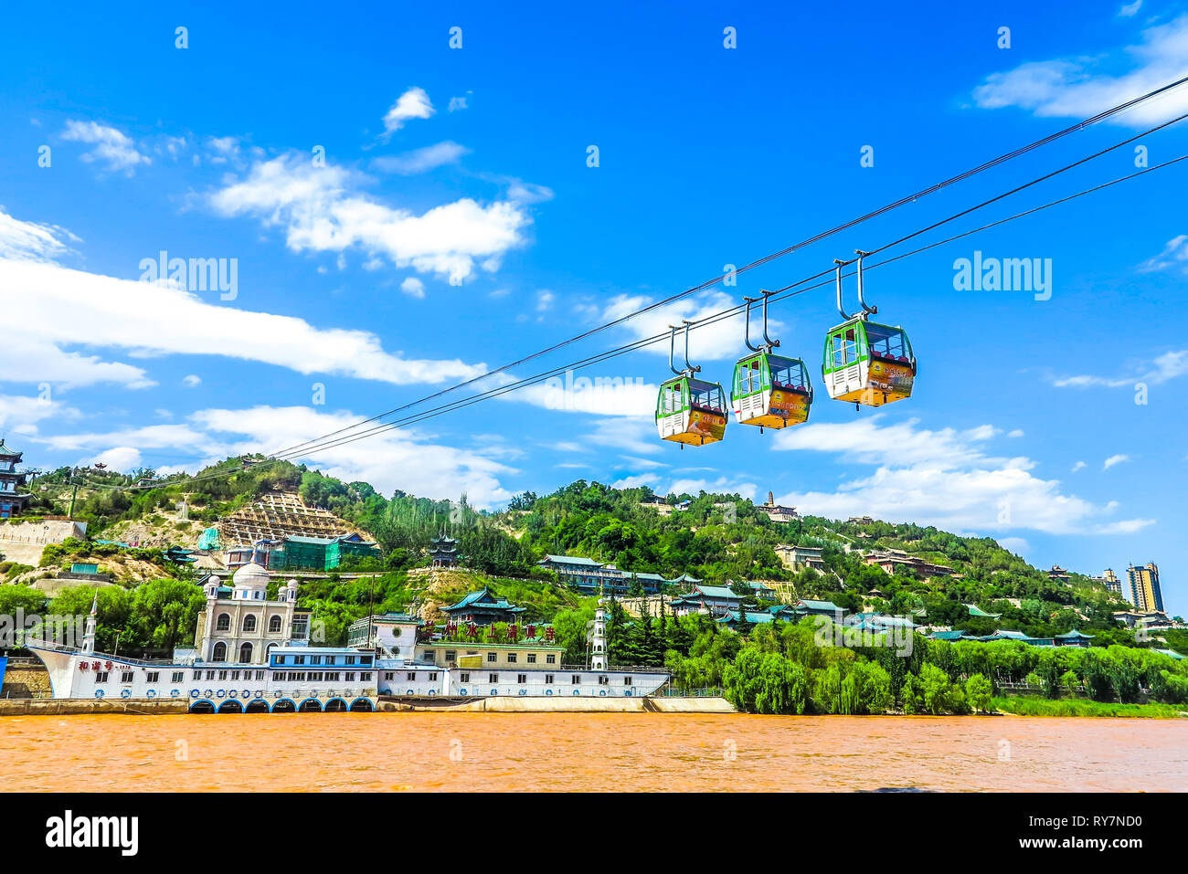 Lanzhou Three Cable Cars Crossing the Yellow River Stock Photo