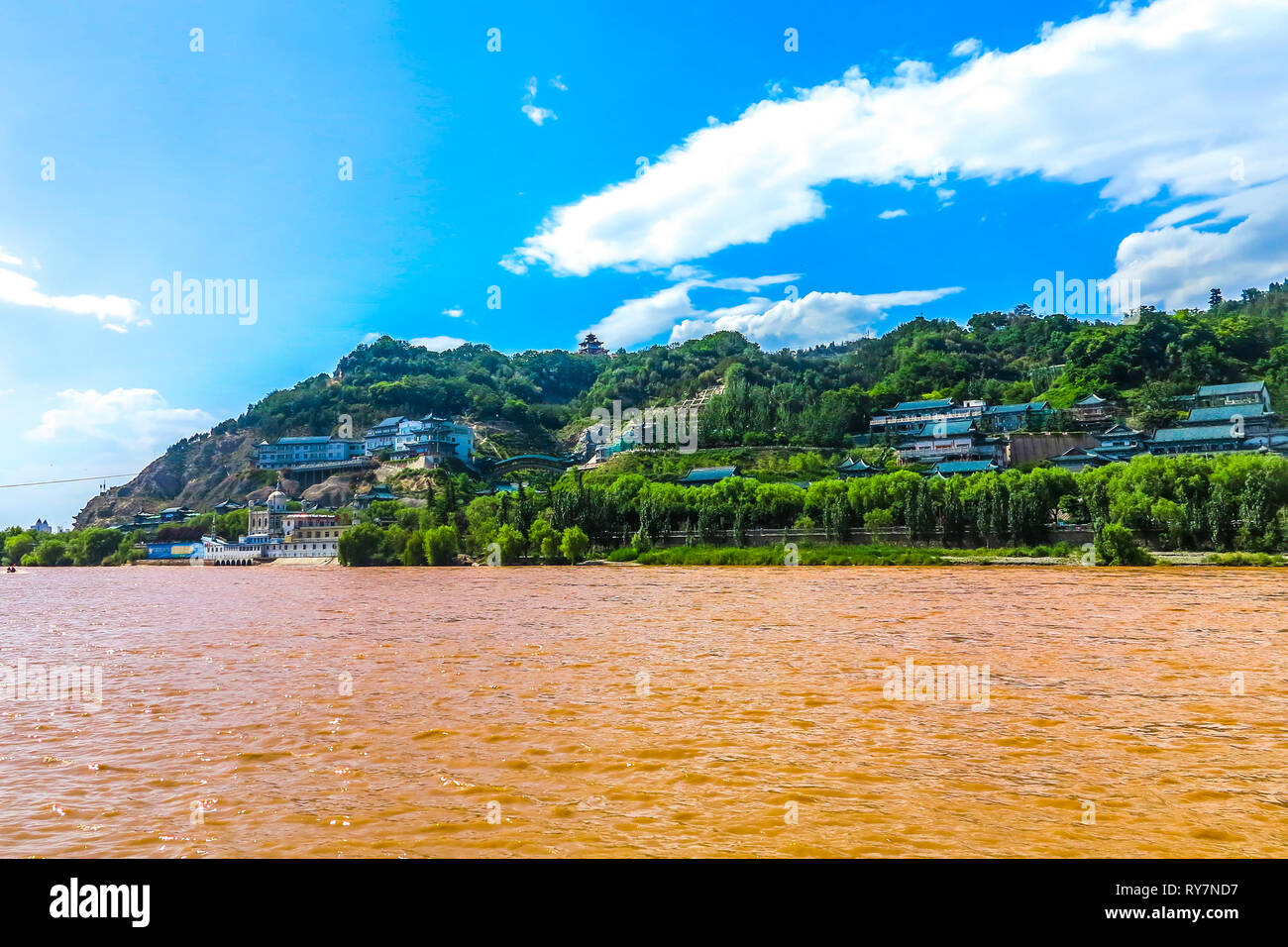 Lanzhou Yellow River Water Mosque and Mount Baitashan Park Cityscape View Point Stock Photo