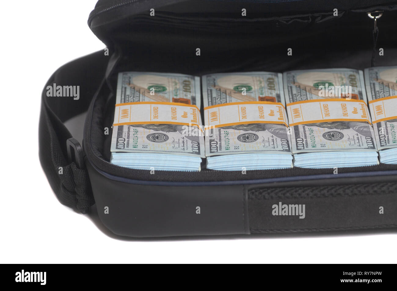 Open briefcase with hundred dollars bills isolated on white background
