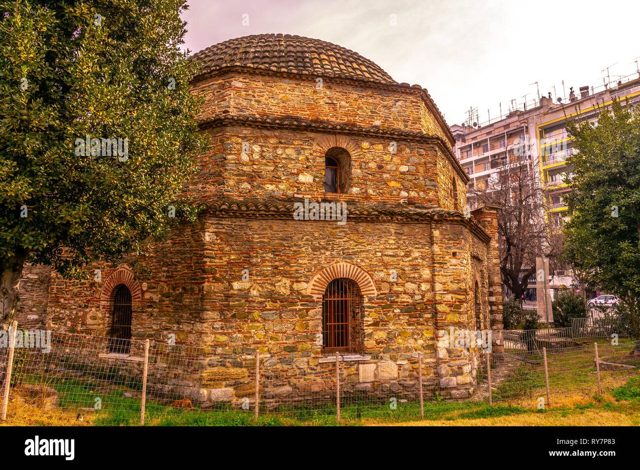 Thessaloniki Bey Hamam Baths of Paradise Side View with Blue Cloudy Sky Background Stock Photo