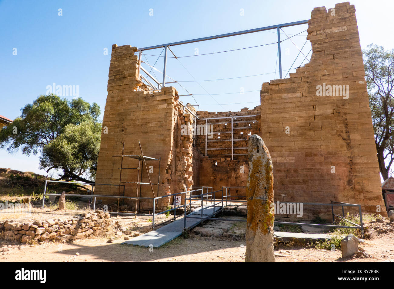 ETHIOPIA, YEHA,.the temple, dating back to the 7. century BC, is considered the oldest building of Ethiopia. Metal frames support the limestone walls Stock Photo