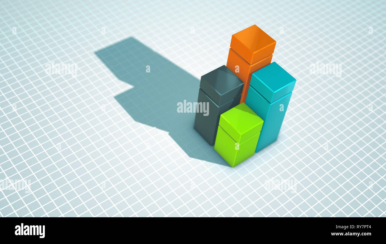 Splendid 3d illustration of four cubic squares of golden, blue, green and black colors placed on a celeste surface covered with a meshwork and having  Stock Photo