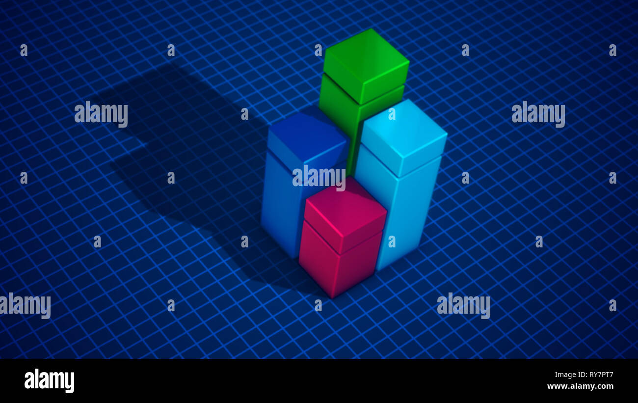 Artistic 3d illustration of four cubic bars of blue, green, celeste and rosy colors shaping a chart in the blue background with a meshwork. It looks h Stock Photo