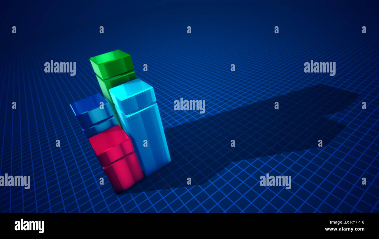 Multilayered 3d illustration of four cubic columns of blue, green, celeste and rosy colors forming a chart in the blue background with network put ask Stock Photo