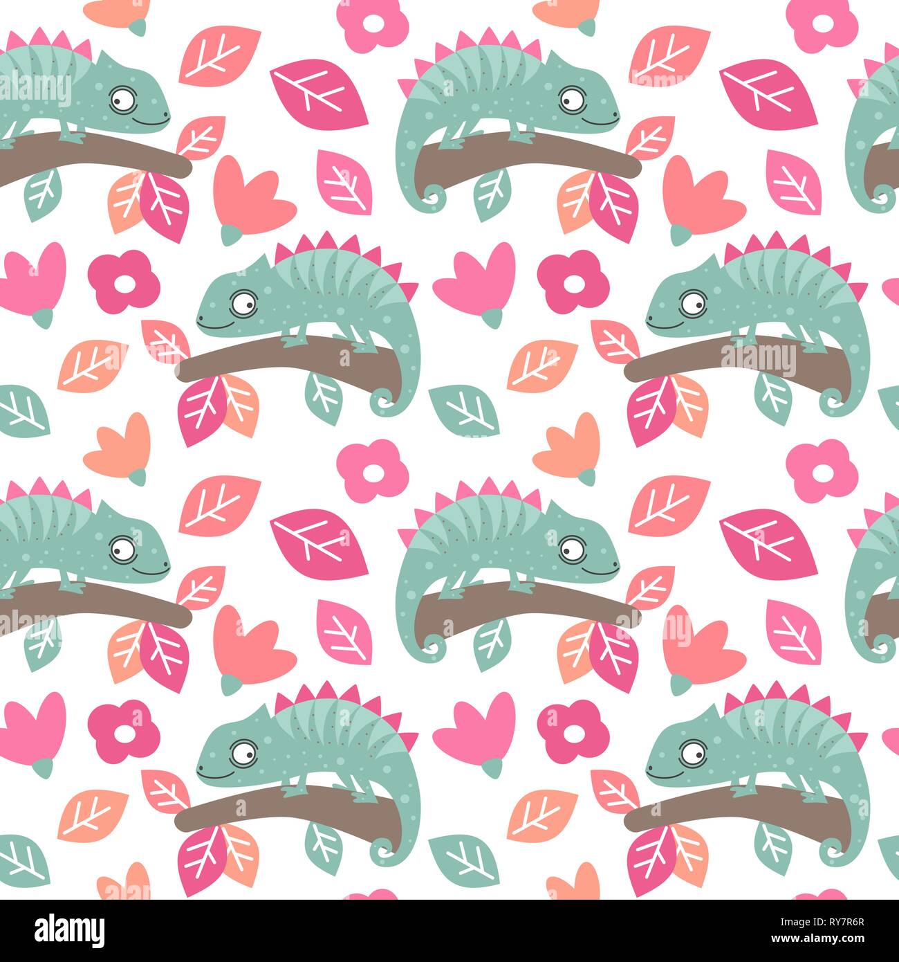 cute colorful seamless vector pattern background illustration with chameleons, leaves and flowers Stock Vector