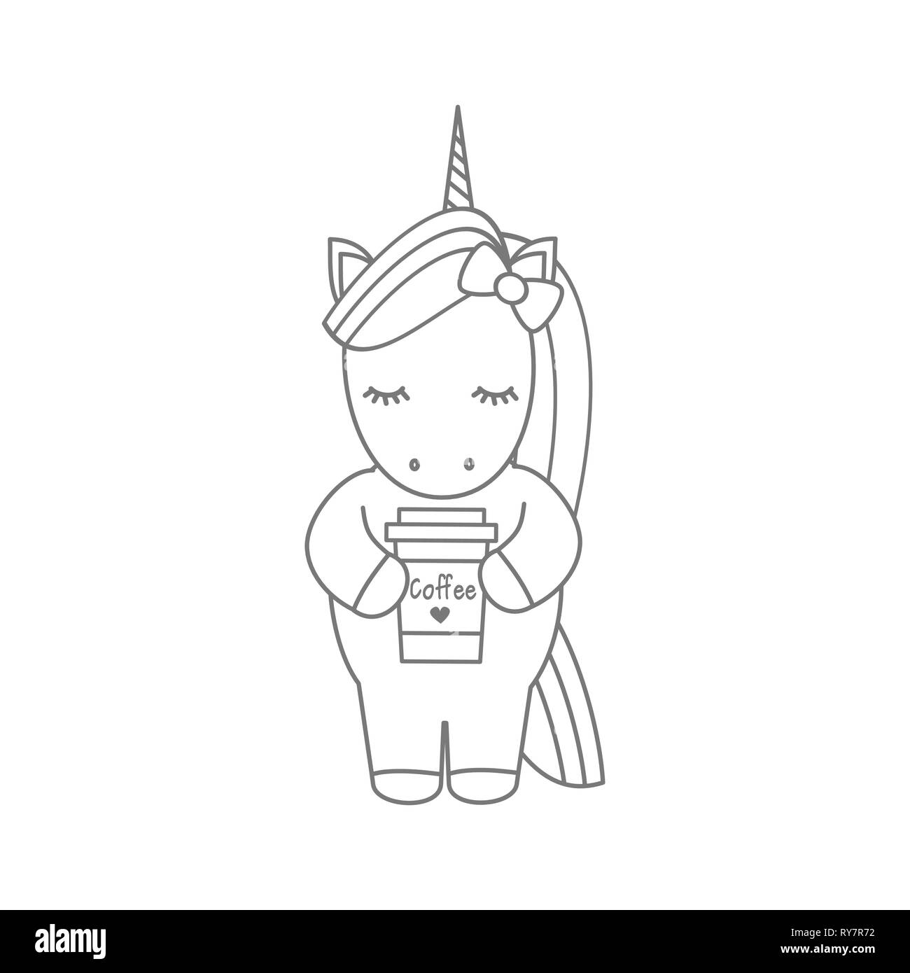 cute cartoon black and white unicorn with coffee cup vector