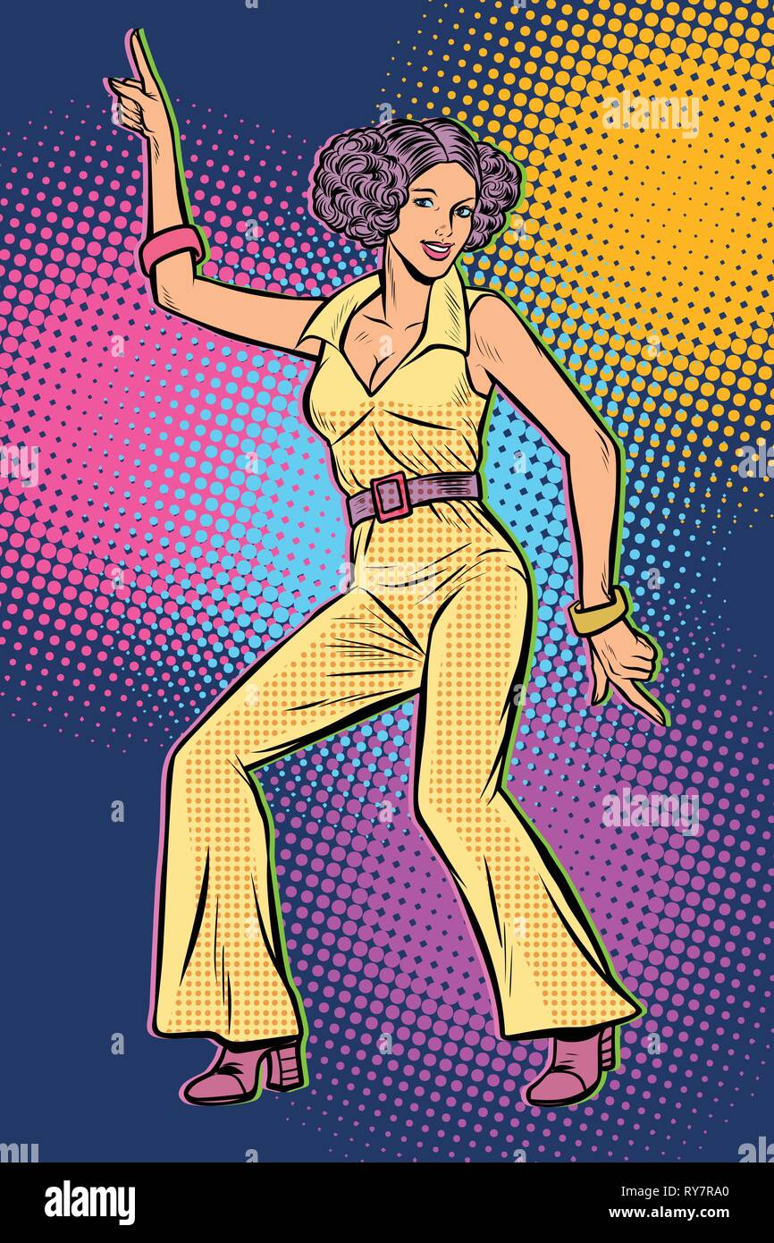 girl in pantsuit. woman disco dance 80s background Stock Vector