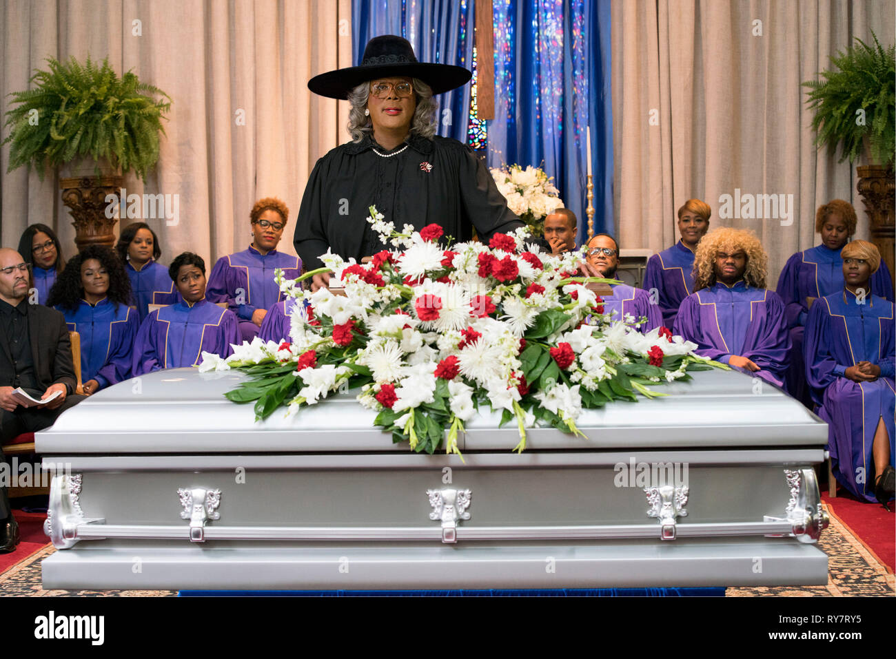 RELEASE DATE: March 1, 2019 TITLE: A Madea Family Funeral STUDIO: Lionsgate DIRECTOR: Tyler Perry PLOT: A joyous family reunion becomes a hilarious nightmare as Madea and the crew travel to backwoods Georgia, where they find themselves unexpectedly planning a funeral that might unveil unsavory family secrets. STARRING: TYLER PERRY as Madea, Joe, Brian and Heathrow. (Credit Image: © Lionsgate/Entertainment Pictures) Stock Photo