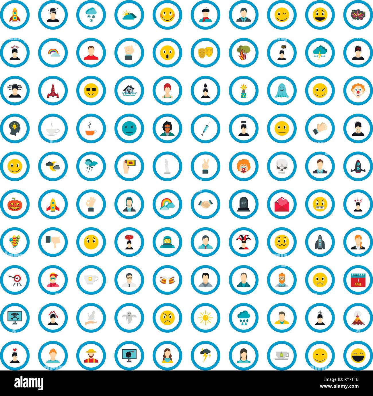 100 feeling icons set, flat style Stock Vector