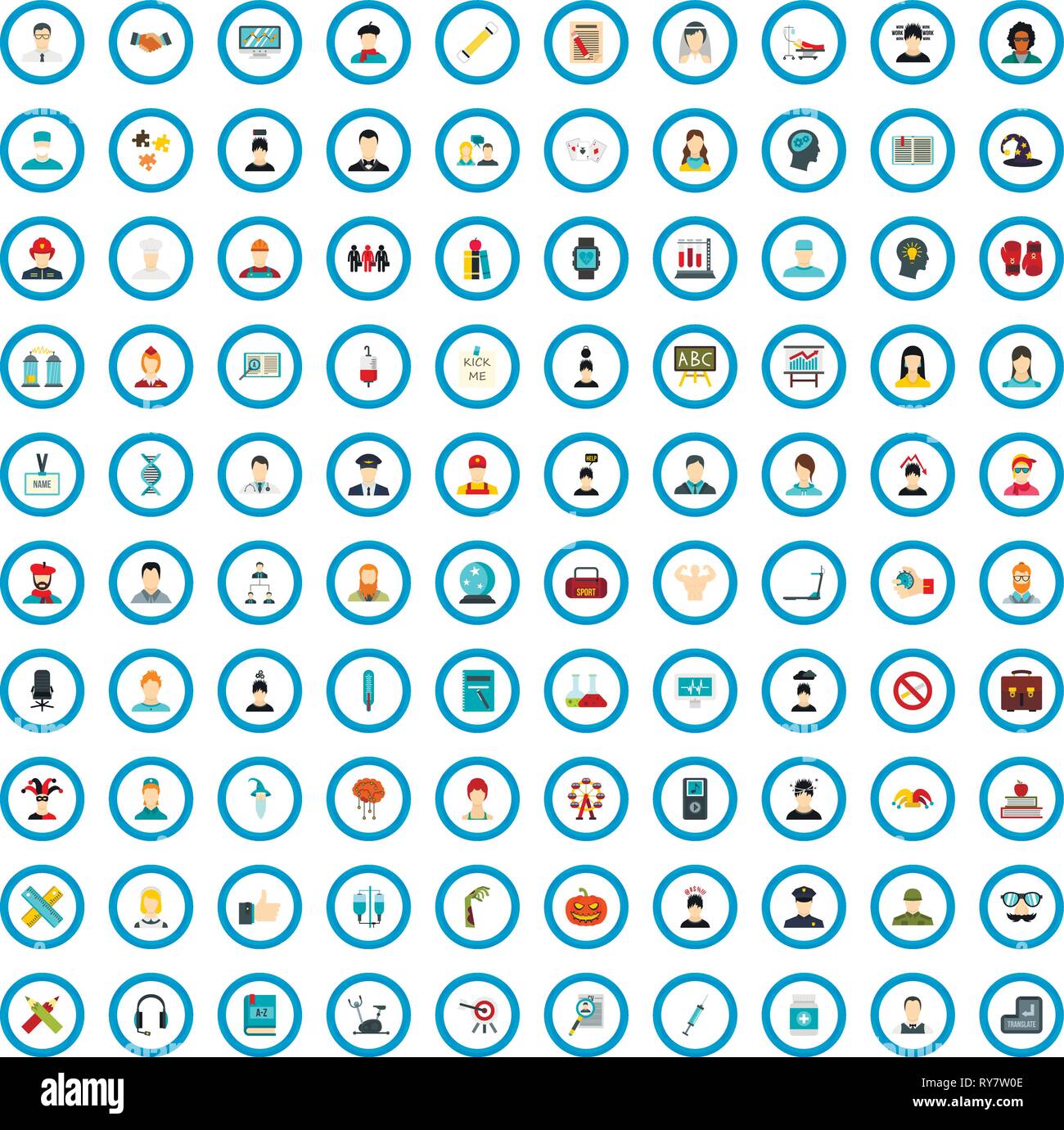 100 feeling training icons set, flat style Stock Vector