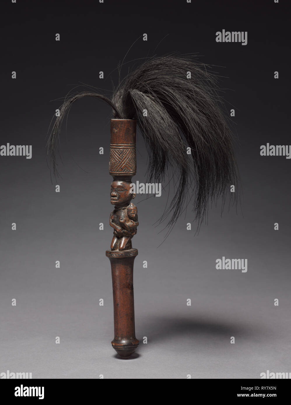 Flywhisk, late 1800s-early 1900s. Central Africa, Democratic Republic of the Congo (most likely), Cabinda, or Republic of the Congo,  probably Yombe people. Wood, animal hair; overall: 30 x 16 x 18 cm (11 13/16 x 6 5/16 x 7 1/16 in Stock Photo