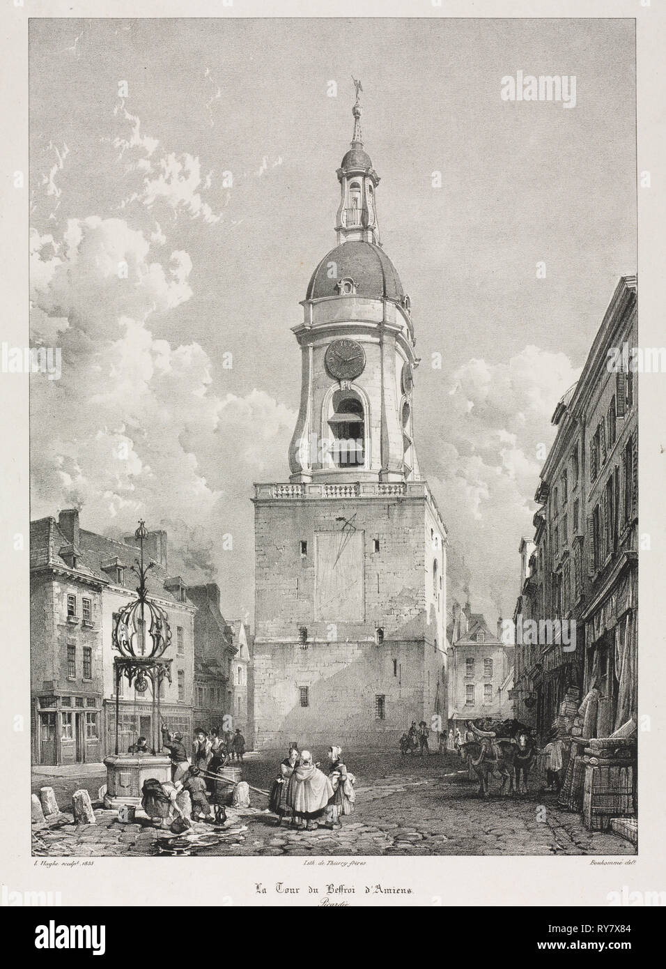 Picturesque and Romantic Travels in Old France, Picardie:  The Belfry Tower of Amiens, Picardie (Voyages pittoresques et romantiques dans l'ancienne France, Picardie : La Tour du Beffroi d' Amiens, Picardie), after François Bonhommé (French, 1809-1881), 1835. Louis Haghe (British, 1806-1885), Thierry Brothers. Lithograph on chine colle; sheet: 36.1 x 26.6 cm (14 3/16 x 10 1/2 in.); image: 32.7 x 23.7 cm (12 7/8 x 9 5/16 in.); secondary support: 47.4 x 35.3 cm (18 11/16 x 13 7/8 in Stock Photo