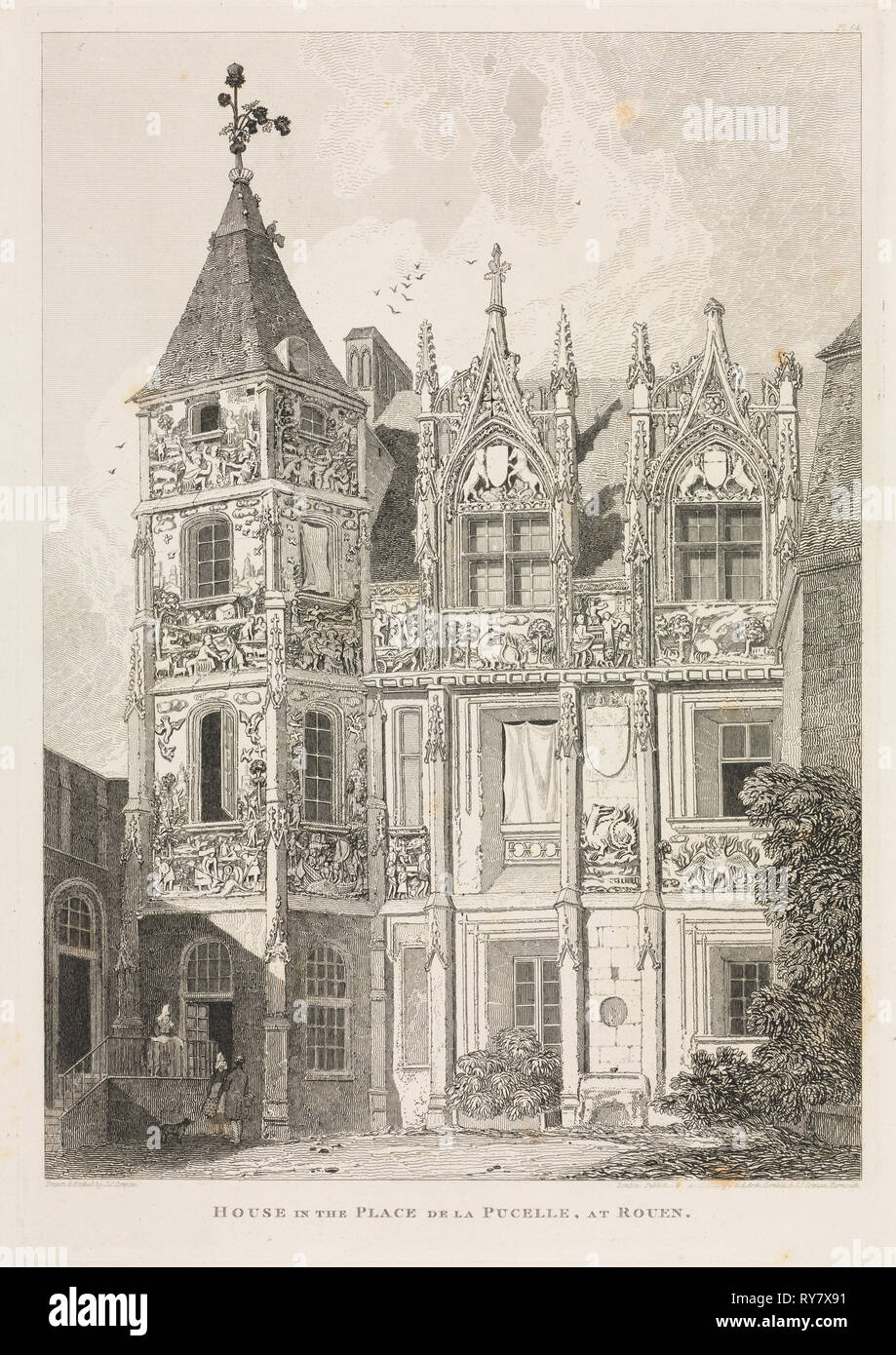 Architectural Antiquities of Normandy (Vol. II), Pl. 64:  House in the Place de la Pucelle, at Rouen, 1821, published 1822. John Sell Cotman (British, 1782-1842), J & A Arch, Cornhill & J.S. Cotman. Softground etching; sheet: 47.2 x 33.5 cm (18 9/16 x 13 3/16 in.); platemark: 36.8 x 25.3 cm (14 1/2 x 9 15/16 in Stock Photo
