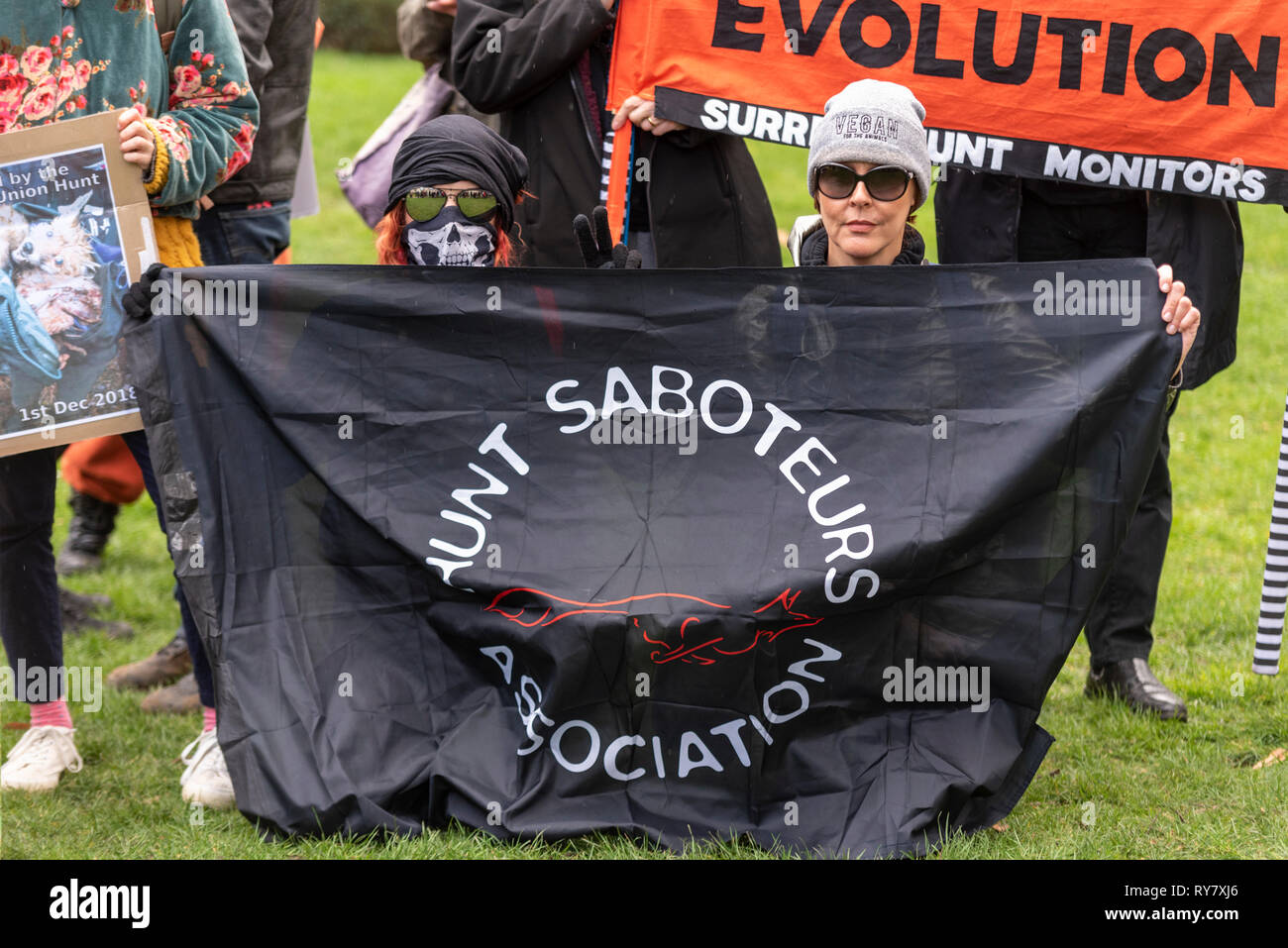 Protest march to demonstrate against the lack of enforcement of the fox hunting ban in the UK. Protesters believe that fox hunting still takes place Stock Photo