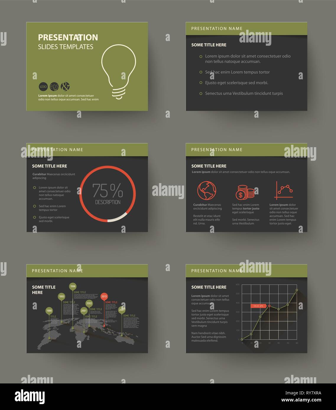 Vector Template for presentation slides with graphs and charts - dark retro color version Stock Vector