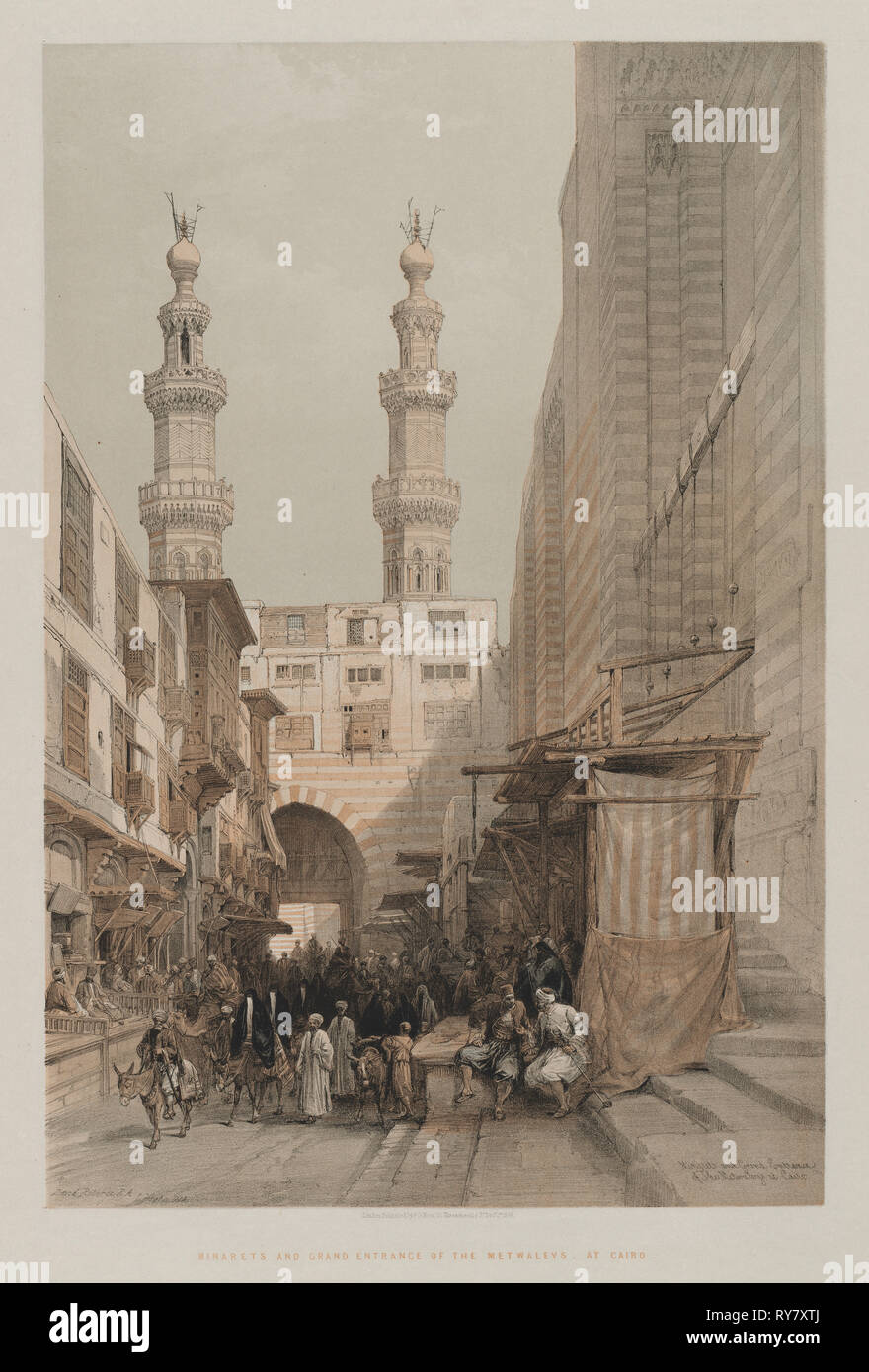 Egypt and Nubia, Volume III: Minarets, and Grand Entrance of the Metwaleys, at Cairo, 1848. Louis Haghe (British, 1806-1885), F.G.Moon, 20 Threadneedle Street, London, after David Roberts (British, 1796-1864). Color lithograph; sheet: 63 x 43.1 cm (24 13/16 x 16 15/16 in.); image: 48.6 x 32.5 cm (19 1/8 x 12 13/16 in Stock Photo