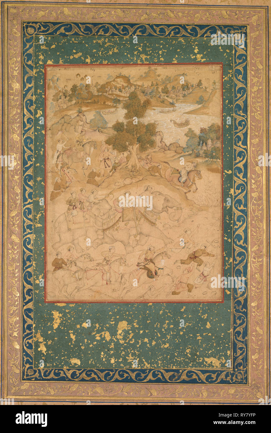 Akbar supervising the capture of wild elephants at Malwa in 1564, painting 90 from an Akbar-nama (Book of Akbar) of Abu’l Fazl (Indian 1551–1602), c. 1602–3; borders added c. 1700s. Attributed to Farukh Chela (Indian), or Govardhan (Indian, active c.1596-1645), or Dhanraj (Indian). Ink with use of colors and gold on paper, mounted on an album page with borders of gold-decorated buff and blue paper (verso); calligraphy by Faqir Ali (recto); page: 37.5 x 25.4 cm (14 3/4 x 10 in Stock Photo