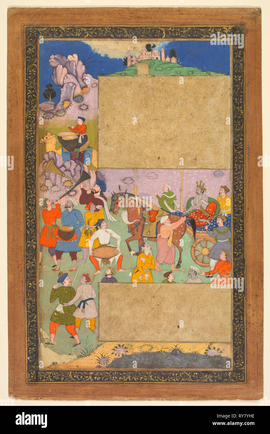 A charioteer riding through a rocky landscape with an entourage of footmen and musicians, page from a Razm-nama (Book of Wars) adapted from the Sanskrit Mahabharata and translated into Persian by Mir Ghiyath al-Din Ali Qazvini, known as Naqib Khan (Persian, d. 1614), 1616-1617. Attributed to Yusuf Ali (Indian, active early 1600s). Ink, opaque watercolor and gold on paper; page: 43.5 x 28.3 cm (17 1/8 x 11 1/8 in Stock Photo