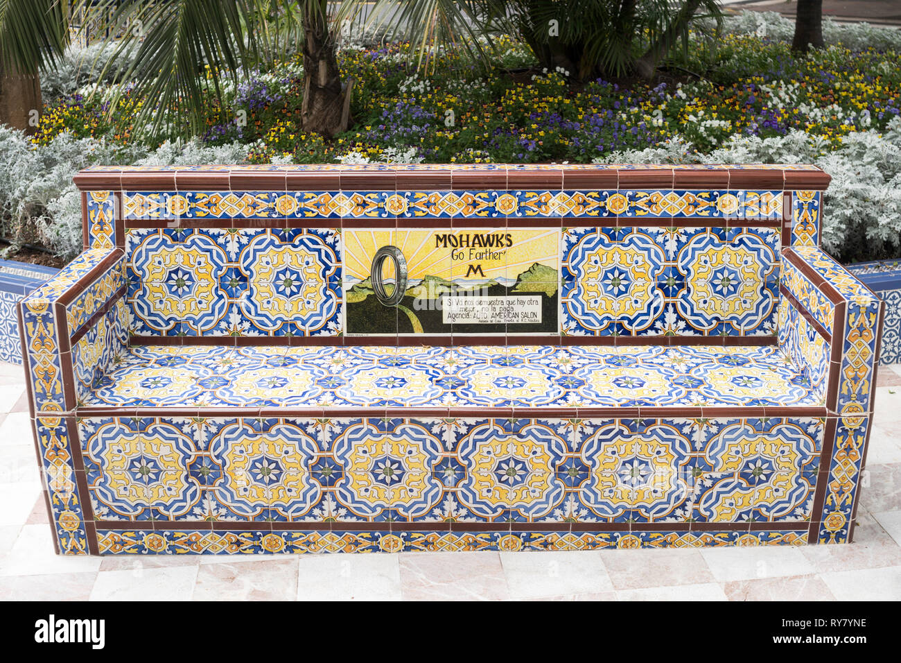 Old Mohawk tyres advertising slogan on ceramic tiled bench in the  Plaza de Los Patos in Santa Cruz de Tenerife, Tenerife, Canary Islands Stock Photo